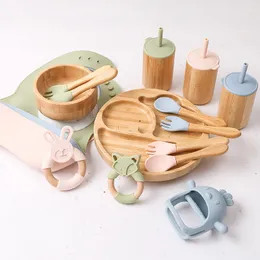 Copos pratos utensils utensílios de mesa de bebê conjunto de tigela de tigela de jarra de copo de copo de copo de bambo de bambu de madeira para crianças.