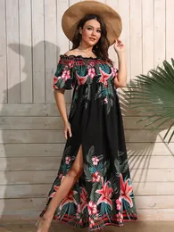 Plus size Dresses Finjani Size Women Tropical Print Off Shoulder Shirred Split Thigh Even Summer High Waist Sexy Maxi Robe 230130