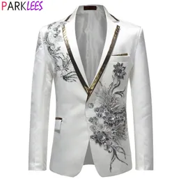 Abiti da uomo Blazer bianchi con paillettes floreali ricamati giacca da uomo da sposa sposo smoking blazer da uomo un bottone bavero costume di scena Homme 230130