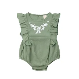 Jumpsuits Summer 0-24M Born Baby Girls Green Printed Sleeveless Rompers Ruffles Casual Cotton Outfits
