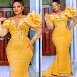 2023 Arabic Aso Ebi Yellow Mermaid Prom Dresses Crystals Beaded Sexy Evening Formal Party Second Reception Birthday Engagement Gowns Dress ZJ783