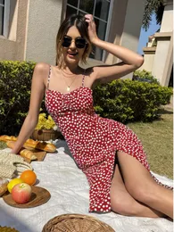 Vestidos casuais liti feminino resort de verão spaghetti tiras estamadas floral sexy feleira de fenda manga alta vestido de cintura 230130