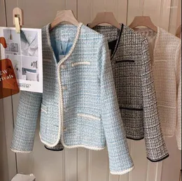 Kvinnors jackor kvinnor 2023 mode lapptäcke kontrollerad tweed jacka rock vintage långärmad frayed trim kvinnlig ytterkläder chic toppar