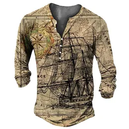 Men's T-Shirts Vintage V-neck Henley Navigation 3d Gothic Long Sleeve T For Men 5xl Oversized Tops Tee Man Punk Streetwear 230130