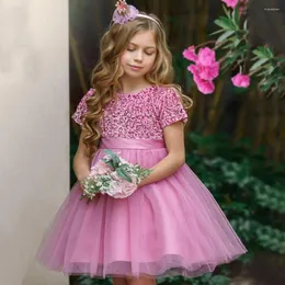 Dziewczyna sukienki różowe cekinowe kwiat dziewczyny krótki rękaw z łukiem pas pasek urodzin