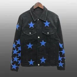 Men's Jackets Trendy Brand Leather Star Stitching Denim Jacket For Men Fashion Ripped Button Jean Outfit Coat Streetwear Blue