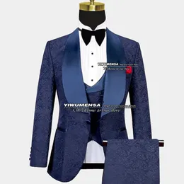 Herrdräkter blazers vår/höst marinbröllop smal passform formell brudgummar smoking män 3 stycken vanliga jacquard blazer veste homme luxe mariage