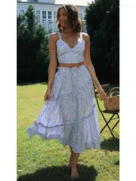 Abiti casual Foridol Scollo a V Ruffles Summer Beach Blu Stampa floreale Set Smocking A-line Vintage Top senza maniche Gonna 2 pezzi Outfit Boho