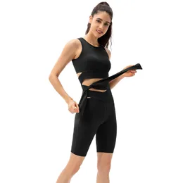 Kvinnors tvåbitar byxor Fashion Slim Fit Sleeveless Sport 2 -stycken Set Women Simple Solid Color Quick Dry Yoga Suit 2023 Trend Laceup Sportwear Girl 230131