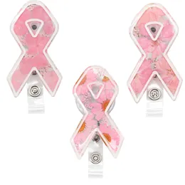 10 pcs/lot Custom Key Rings Office Supply 3 Style Pink Ribbon Breast Cancer Awareness Dried Flower Resin Badge Clip Retractable Badge Reel