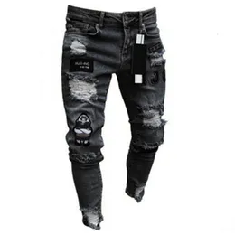 Jeans masculinos Men, elástico rasgado de bicicleta skinny bordado de desenho animado destruído buraco slim fit jeans de alta qualidade hip hop preto 230131