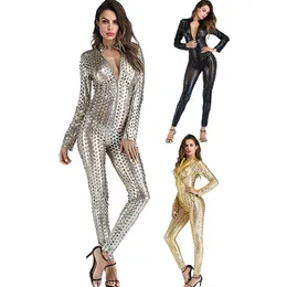 Kobiety Jumpsuits Romper Faux skórzana kombinezon lateksowy Catsuit Romper Metallic Bodysuit Sexy Clubwear Stripper Playsuit 230131