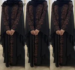 Vestidos informales Chiffon falso de dos piezas Abaya Batwing manga Día de imitación de dianosa sólido Kaftan Long Dress Mujeres musulmanas Dubai Turquía