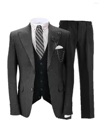 Trajes para hombre Traje de lana de Inglaterra de 3 piezas para hombre, Terno a rayas en espiga, corte entallado, solapas grandes, abrigo de esmoquin para novio de boda