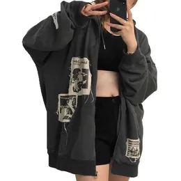 Kadın Hoodies Sweatshirts Zip Hoodie Grunge Estetik Kıyafetler Büyük Boy Sweatshirt, Zipper Vintage Y2K Üstleri Kawaii Katlar Bahar Sonbahar Sokak Giyimi 230131