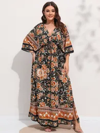 Vestidos de tamanho grande Finjani Size Mulheres Retro Floral Print Deep Vneck Split Taxa Sexy Cintura alta maxi 4xl 230130