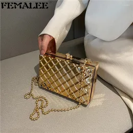 Schoudertassen Lattice Metalen Doos Ontwerp Vrouwen Party Clutch Bag Chain Purse Handtassen Vrouwelijke Goud Zilver Plaid Crossbody