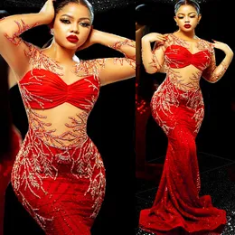 Arabic Aso Ebi Mermaid Red Prom Dresses Lace in rilievo sexy Party Formale Formale Secondo Accogliente Accogliente abiti da fidanzamento di compleanno ZJ222 407