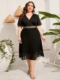Plus Size Dresses 5xl Size Casual Woman Summer Female V Neck Short Sleeve Sequined Midje Elegant Party Black Long 230130