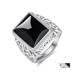 Solitaire Ring Tree of Life Rings Hollow Square Black Zircon Agate f￶r m￤n som ￶ppnar retro Classic Obsidian Chalcedony Mens Drop Deliv Dhgbq