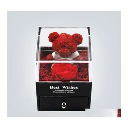 Decorative Flowers Wreaths Rose Bear Handmade Preserved Real Jewelry Box Christmas Blossom Wedding Birthday Gift Set For Drop Deli Otefx