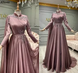 High Collar Muslim Caftan Moroccan Prom Dresses Dubai Arabic Long Sleeves Women Formal Occasion Evening Gowns With Side Wrap Lace Appliques Beaded Vestidos CL1748