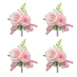 Decorative Flowers 4Pcs Artificial Flower Handmade Boutonniere Ribbon Brooch Fashion Charming Corsages Groom Ceremony Bouquet