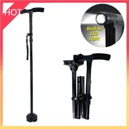 Trekking Poles LED Light Safety Walking Stick For Old Man Folding T-handle Hiking Cane Elders Crutch