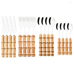 Servis uppsättningar 16st Creative Bamboo Handle Cutlery Set Knife Forks Coffee Spoon rostfritt stål Tabeller Bestickskök