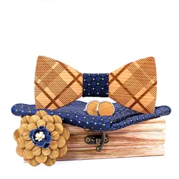 Bow Ties Manual Wood Tie Handkakor Manschettknappar Brosches Set Herrved Bowtie för Women Groomsman Suit Accessories Gift