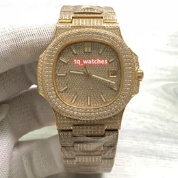 NYA HERRENS ICE DIAMOND CRISTWATCH GOLD Rostfritt stål Fodral Strap Watch Diamond Face Automatiska mekaniska klockor274n