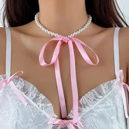ペンダントネックレスPurui Temperament Imitation Pearl Beads Women Necklace with Rope Chain Webbing Choker Jewelry on the Neck Collar Street