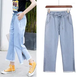 Women's Jeans Split-fork Hem Design Women 2023 Elastic Waist Ankle-Length Pants High Preppy Style Sweet Student