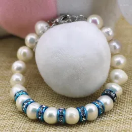 Strand Fashion Natural White Cultured Freshwater Pearl Beads 9-10mm Bracelets & Bangle For Women Sky Blue Crystal Jewelry 7.5inch B3089