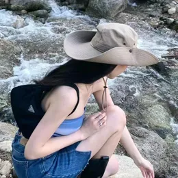 Boinas Ohmmayby 2023 Verão Japonês Aba Grande Cordão Respirável Chapéu de Cowboy Escalada Ao Ar Livre Pesca Sol Redondo Topo Balde