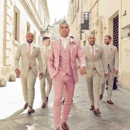 Pink Tuxedos Groom Wedding Mens Suits Tuxedo Costumes De Smoking Pour Hommes Menjacket Pants Tie Vest 006280L