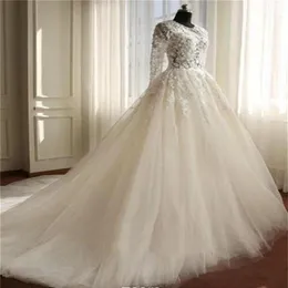 2021 Biała linia A Vintage Bride Sukienki Eleganckie koronkowe długie rękawy Pełna długość tiulowa tiulowa ślubna przyjęcie piłkarskie 218f