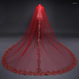 Veli da sposa Elegante cattedrale Velo da sposa musulmano Appliqued pizzo 300 cm Tulle rosso Accessori donna