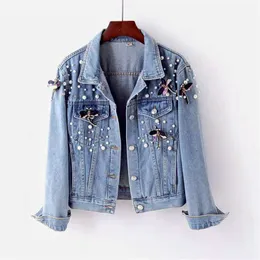 Jaquetas femininas outono jaqueta jeans casaco feminino miçangas solto sobretudo jeans casacos básicos roupas de rua manga longa casual agasalhos P688 230731