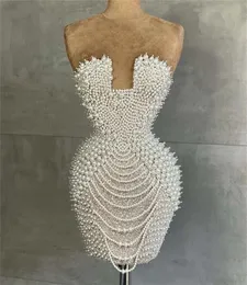 2023 Sexy Evening Dresses Wear White Strappless Sleeveless Pearls Beads Short Mini Sleeveless Sheath Prom Party Gowns Special Occasion