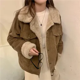 Kvinnors jackor Autumn Winter Retro Corduroy Fleece Jacket Longsleved Loose Tooling Wind Lapel Thick Warm Cotton Women 230731