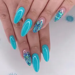 Unhas falsas unhas falsas 24 pçs azul grandient amêndoa glitter com design francês destacável capa completa imprensa falsa em dicas arte