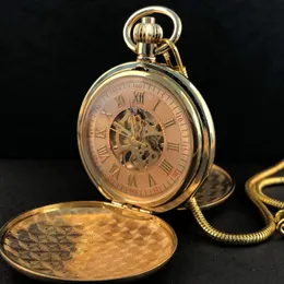Pocket Watches Vintage Gold 2 Sides Open Case Pocket Watch Mechanical Hand Winding Mens Women Pocket Watches Pendant With Chain Clock 230731