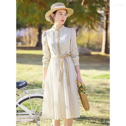 Casual Dresses 2023 Spring Women's Dress Vintage Literature Fashion Temperament Stripe Premium Sense Mock Neck