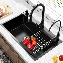 304 Rostfritt stål Kitchen Sink Black Nano Wash Basin Single Sink Creative Kitchen Sinks Drain Set Home Kitchen