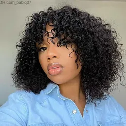 Syntetiska peruker Bouncy Jerry Curly Short Bob Pixie Cut Wig With Bangs Curly Human Hair Wigs For Women Fringe Glueless Wig Ombre Color Full Z230801