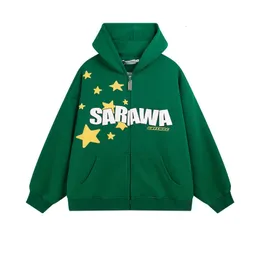 Men's Hoodies Sweatshirts star letter print hoodie green zipper stitching autumn loose top couple fashion retro sports trend clothing cardigan jacket 230731