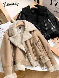 Women's Leather Yitimoky Winter Thick Warm Vintage Suede Lamb Jacket Women Moto Bike Coat Chic Sashes Faux Outwear Tops Female With Belt