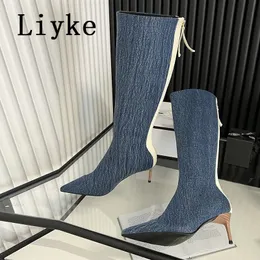 Сапоги Liyke Fashion Denim Denim Dight High Женская женская деревянная деревянная низкая тонкая каблука сексуальные заостренные пальцы на Zip Womans Long Booties 230731