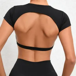 Aktive Shirts Gym Backless Sexy Crop Top Schwarz Frau T-shirts Sport Kurzarm Workout Tops Yoga Kleidung 2023 Sommer Sportswear